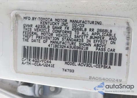 2003 Toyota Camry Se z USA, uszkodzony, nr VIN 4T1BE32K43U696218